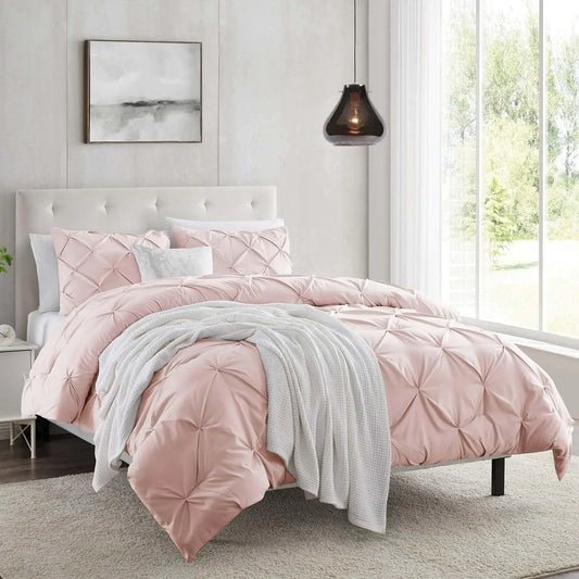 Nestl Blush Duvet Cover Queen Size - Pintuck Queen Duvet Cover Set 3 Piece Double Brushed Duvet Covers with Button Closure 1 Pinch Pleated Duvet Cover 90x90 inches and 2 Pillow Shams