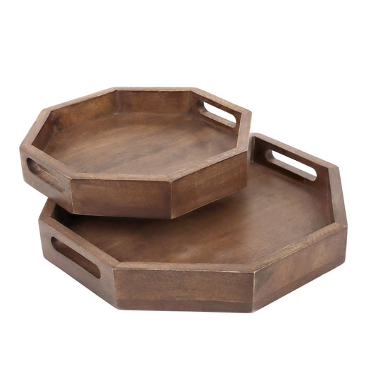 Set of 2 Mango Wood Serving Tray Handmade Metal Fruit Bowl Decorative Vanity Platter Tray Kitchen Bathroom Counter Storage Counter Organizer 12/15 Inch - Walnut Coffee