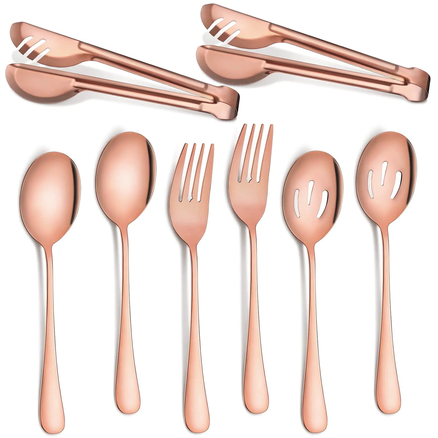 Patelai 8 Pieces Stainless Steel Serving Utensils Set 8.7" Large Serving Spoons Slotted Spoon 9.45" Tong 9" Serving Forks Flatware Party Buffet Banquet Cooking Kitchen Catering Wedding (Rose Gold)