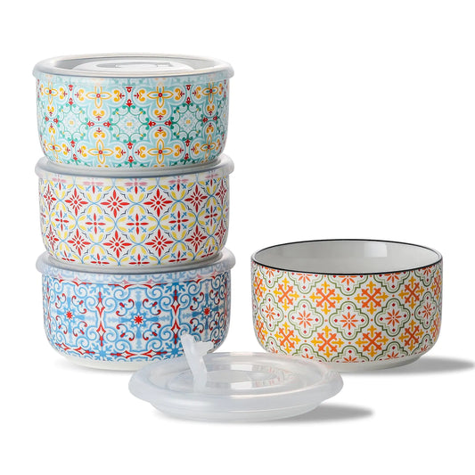 Chubacoo Ceramic Bowl Set with Lids : Microwavable Serving Bowls with lids - 5 Inch Kitchen Bowls for Lunch Picnic - Microwave Safe Food Storage Containers 20 Oz Bowl Set of 4